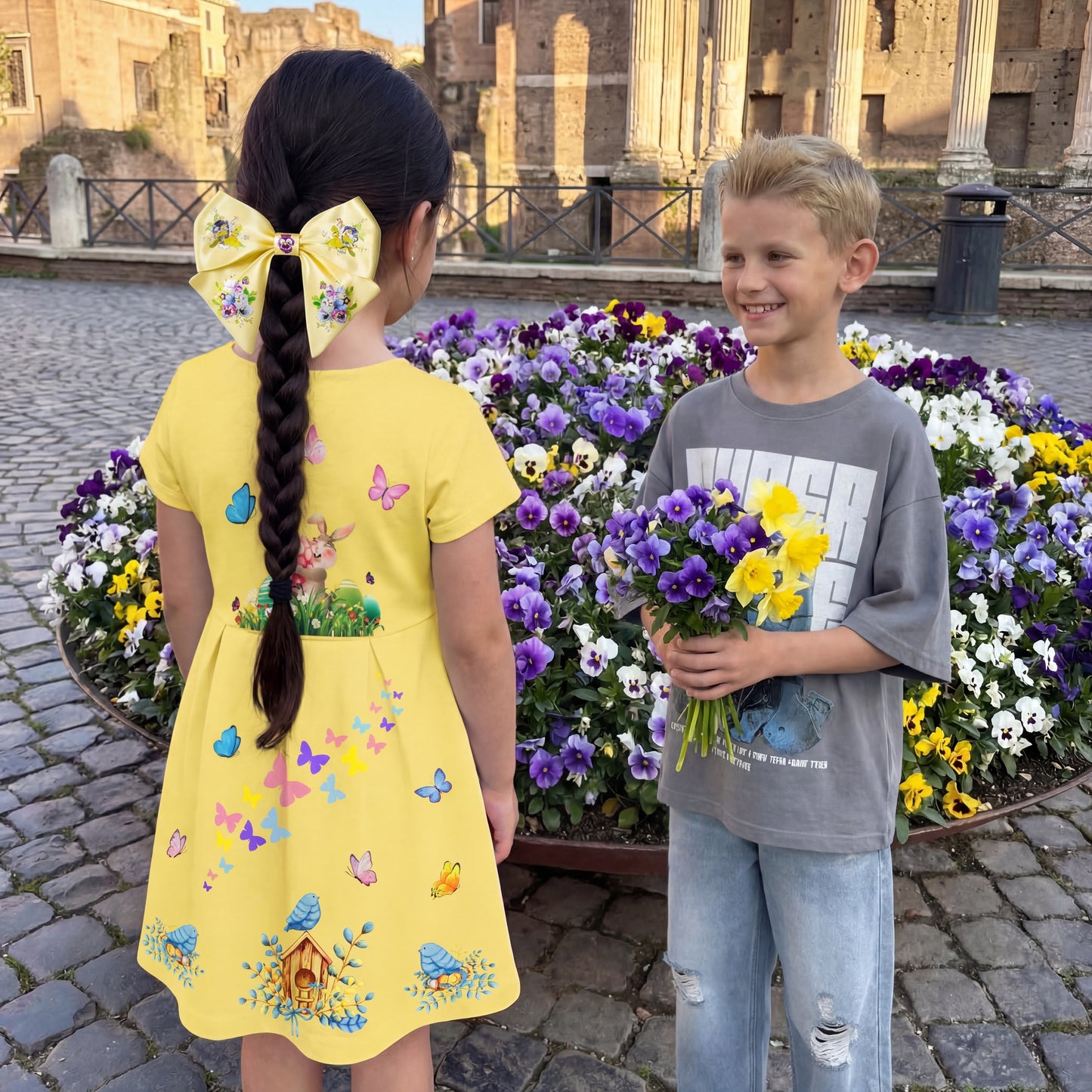 Fiocco per capelli in seta artificiale con motivo floreale. Fiori