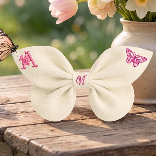 Linen bow with butterfly embroidery and monogram A, B, C ... Z. Spring 