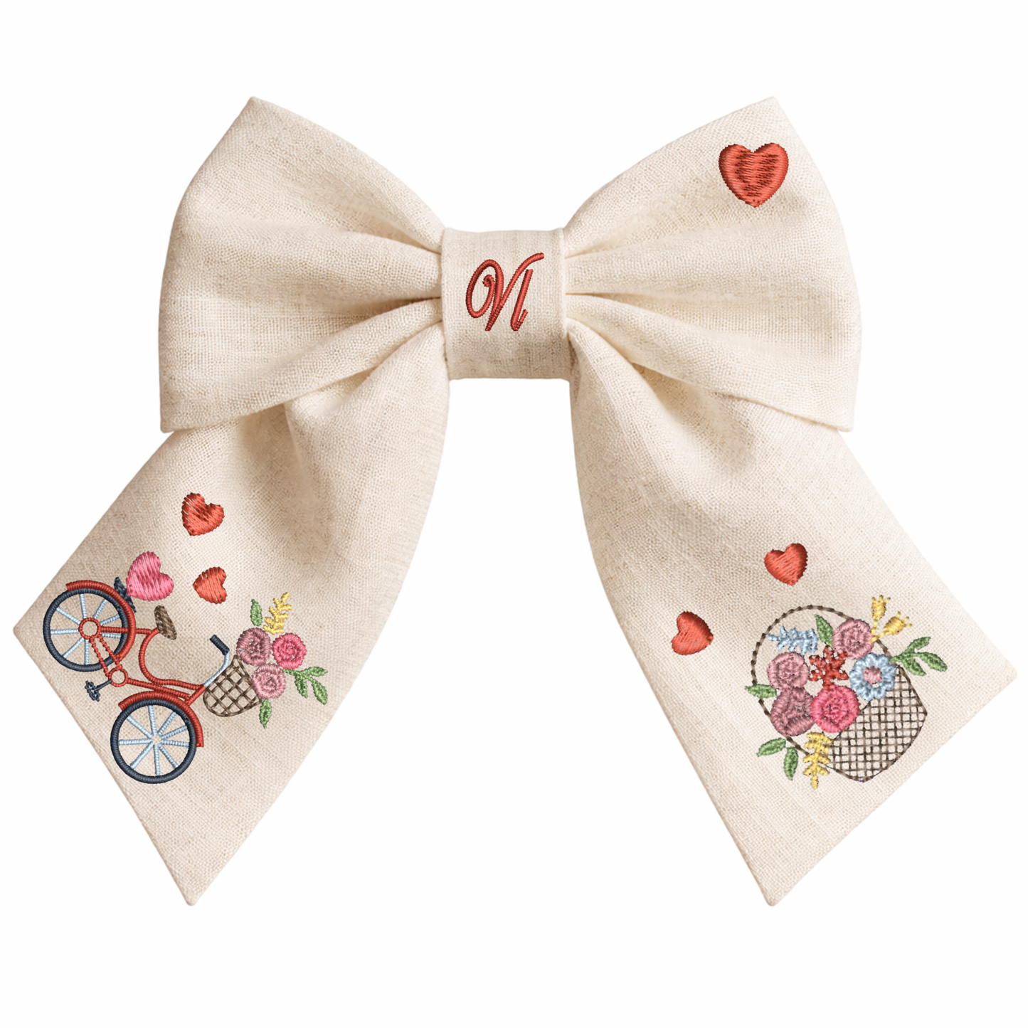 Linen bow with "Bicycle and Flowers" embroidery. Valentine's Day Collection