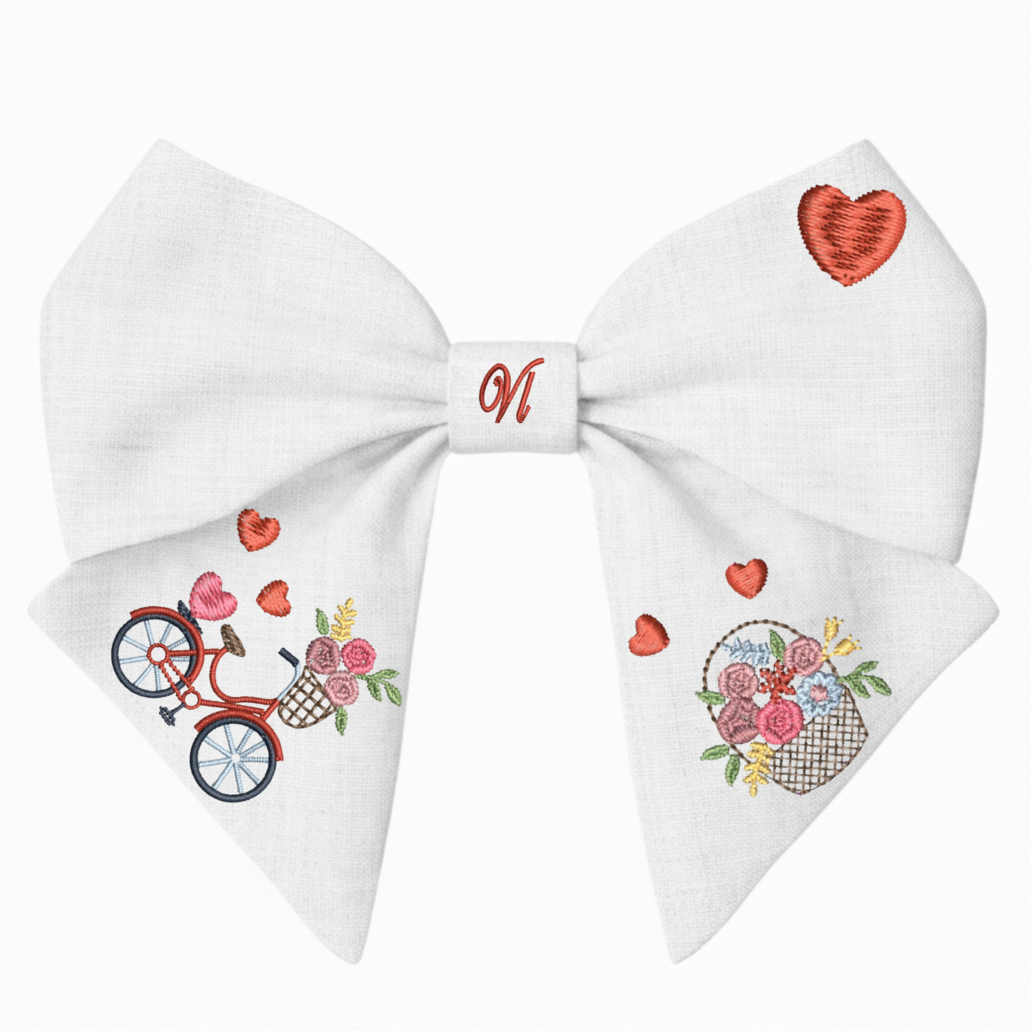 Linen bow with "Bicycle and Flowers" embroidery. Valentine's Day Collection