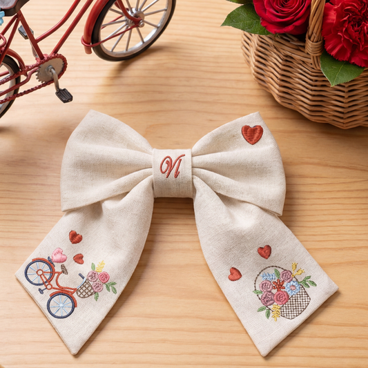 Linen bow with "Bicycle and Flowers" embroidery. Valentine's Day Collection