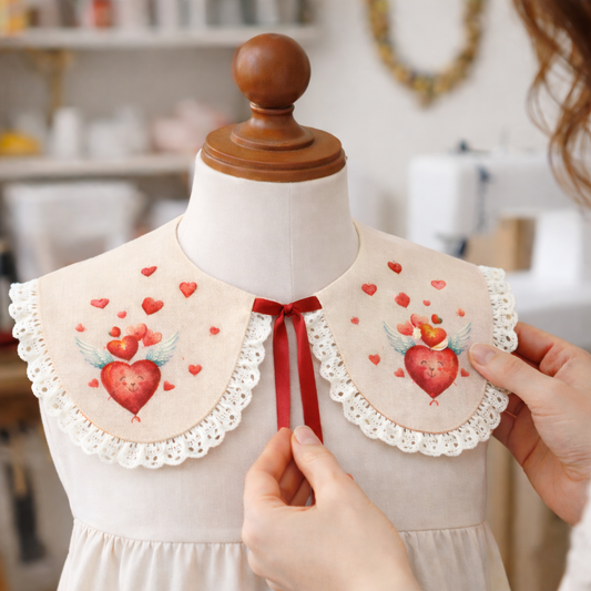 Colletto decorativo in lino beige con pizzo e cuori romantici San Valentino
