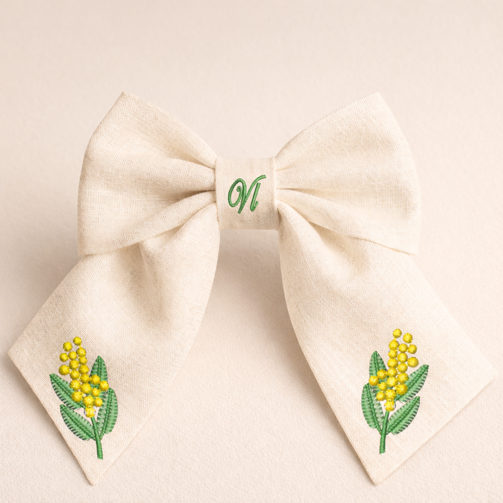 Leinen-Haarschleife mit Mimosenstickerei