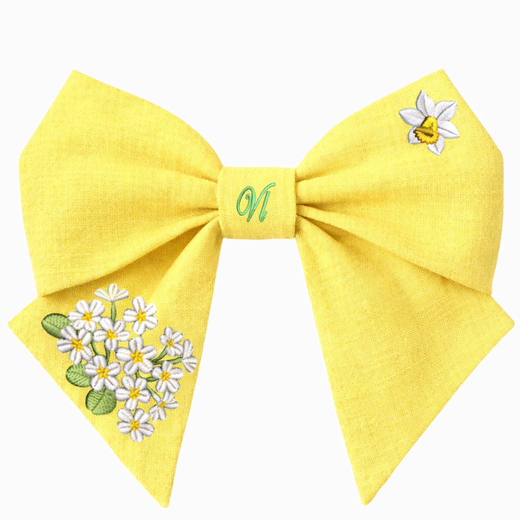 Yellow Linen Hair Bow with Floral Embroidery – Handmade