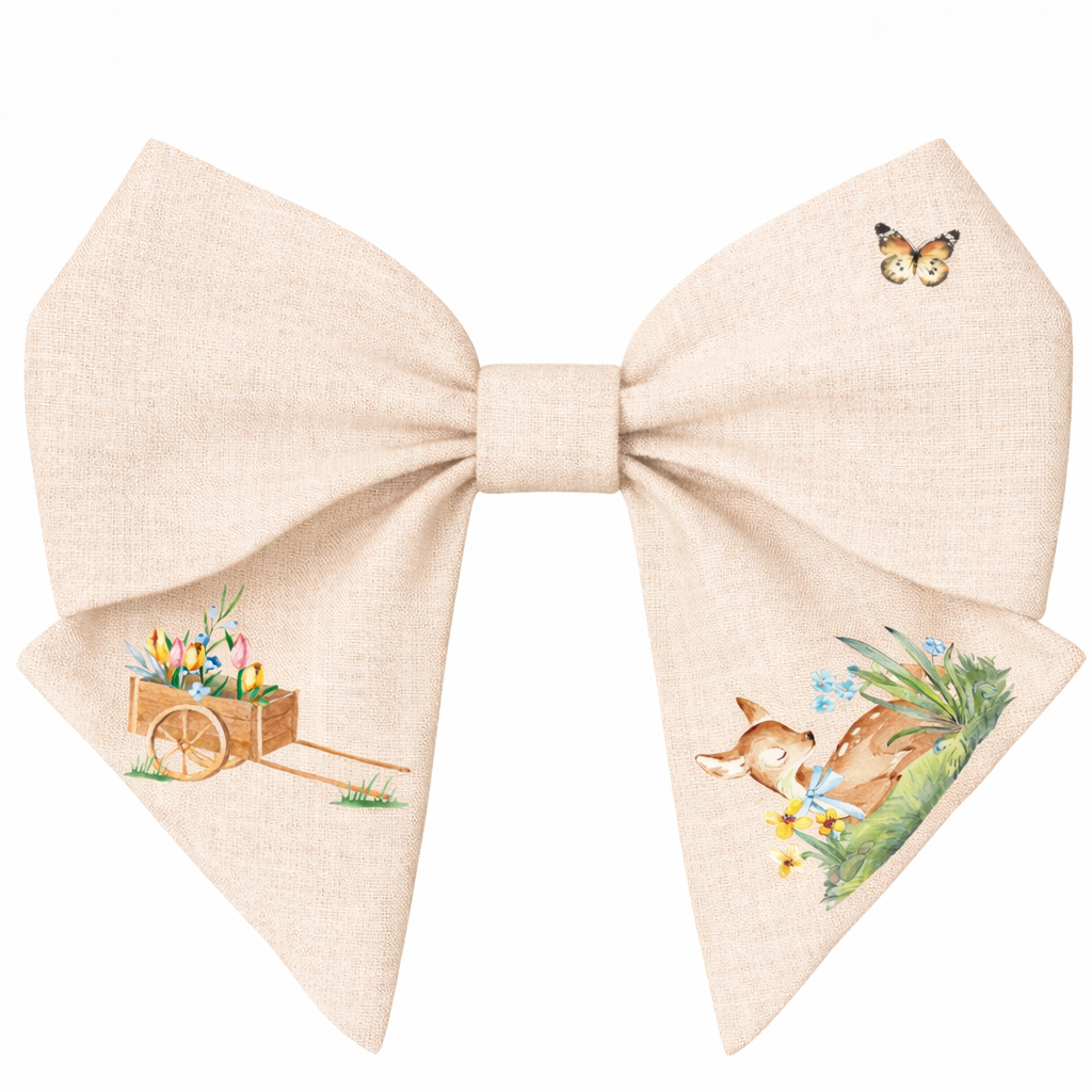 Haarschleife für Mädchen aus Leinen – Beige mit Rehkitz- und Blumenprint