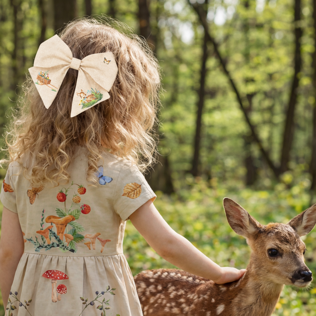 Haarschleife für Mädchen aus Leinen – Beige mit Rehkitz- und Blumenprint