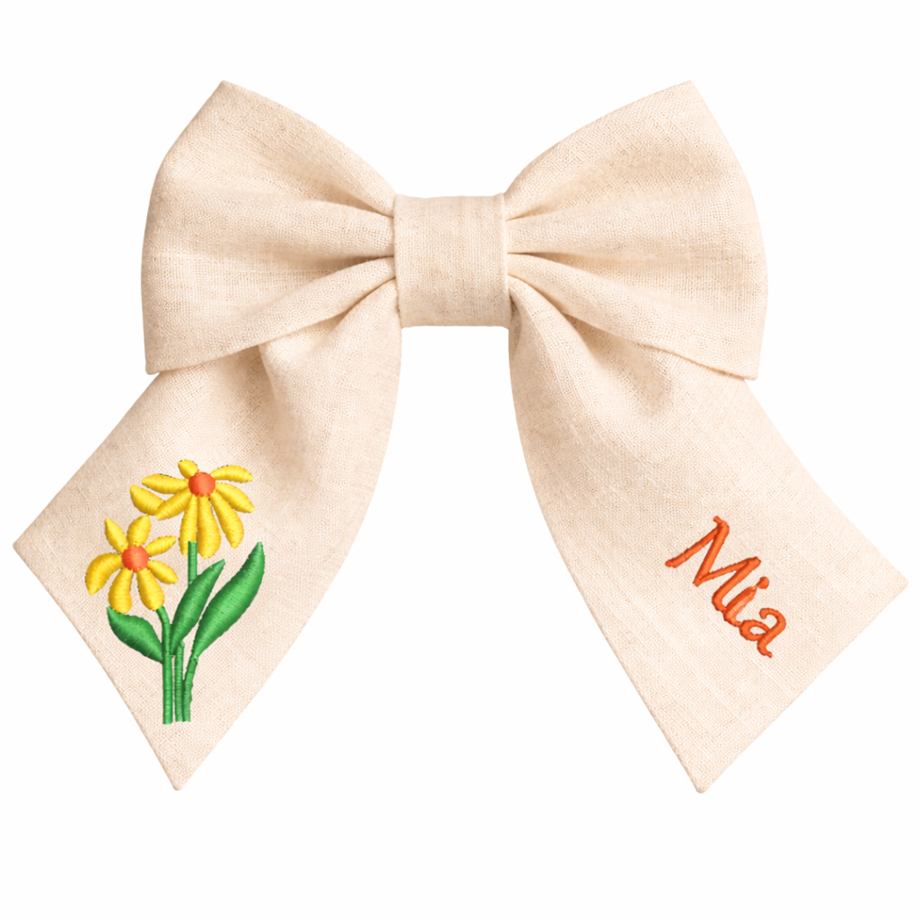 Personalised linen bow with embroidered customer name