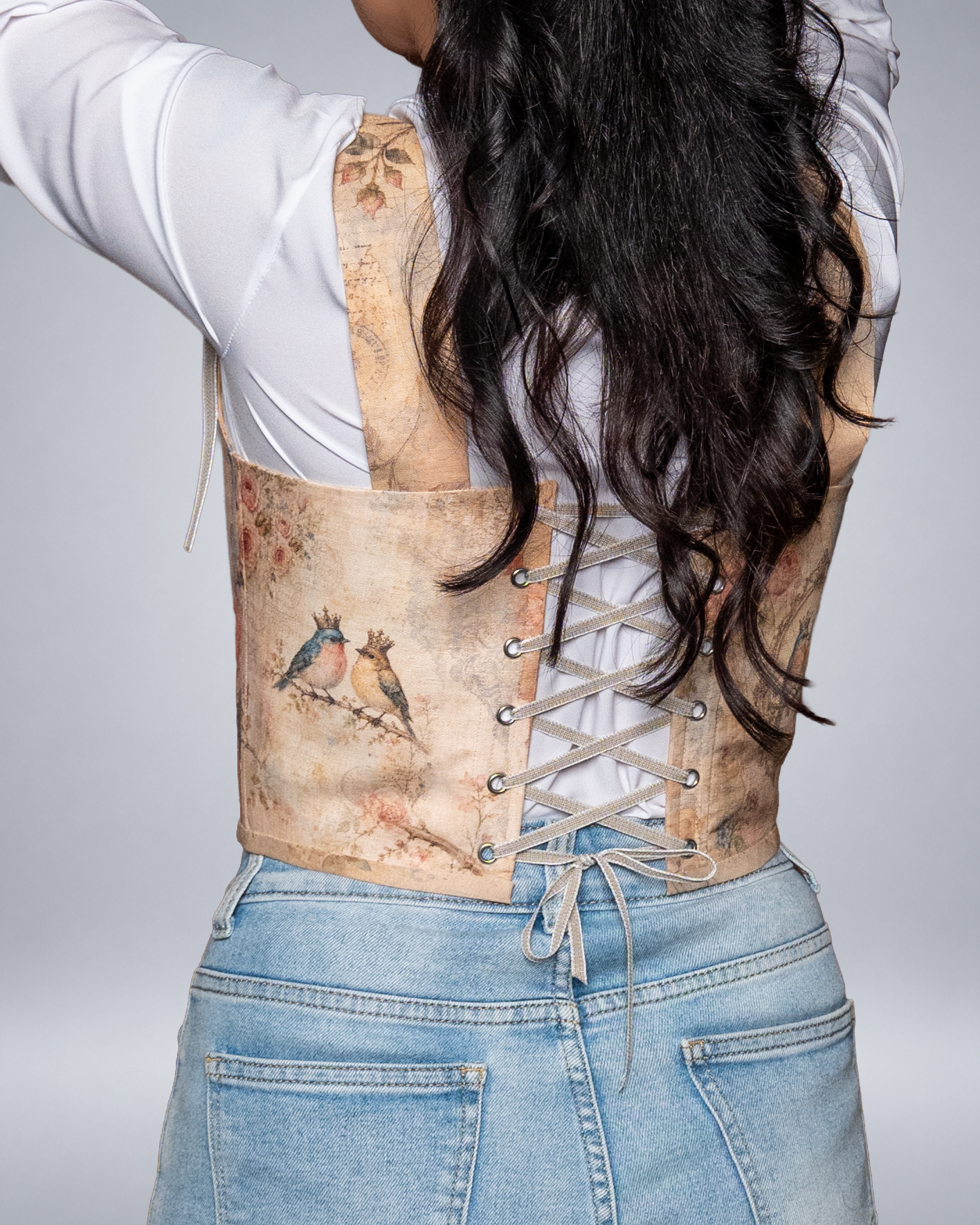 Crowned Blue Birds Linen Corset
