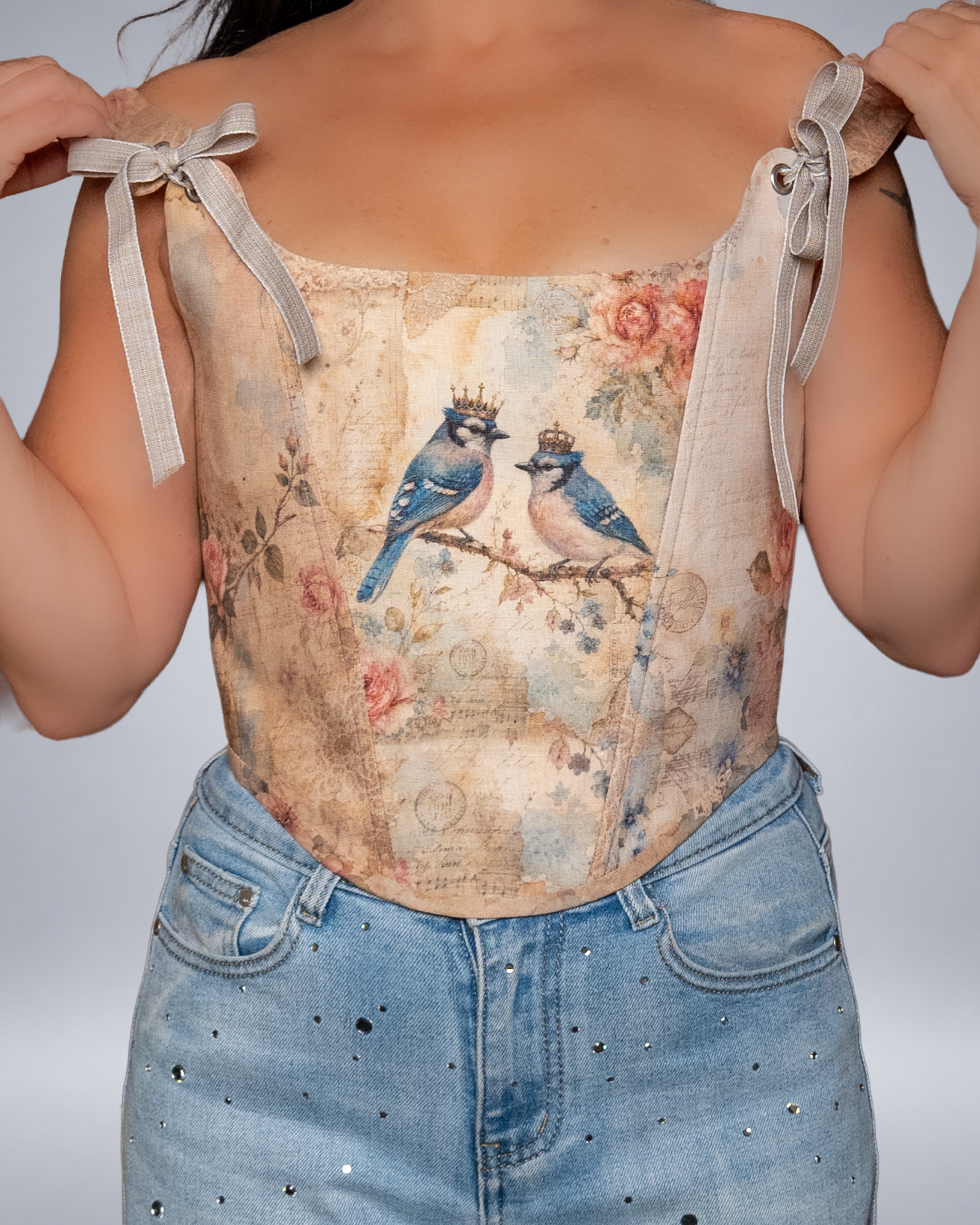 Crowned Blue Birds Linen Corset