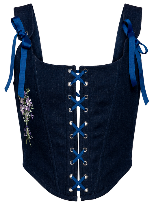 Navy Blue Linen Corset Top with Floral Embroidery