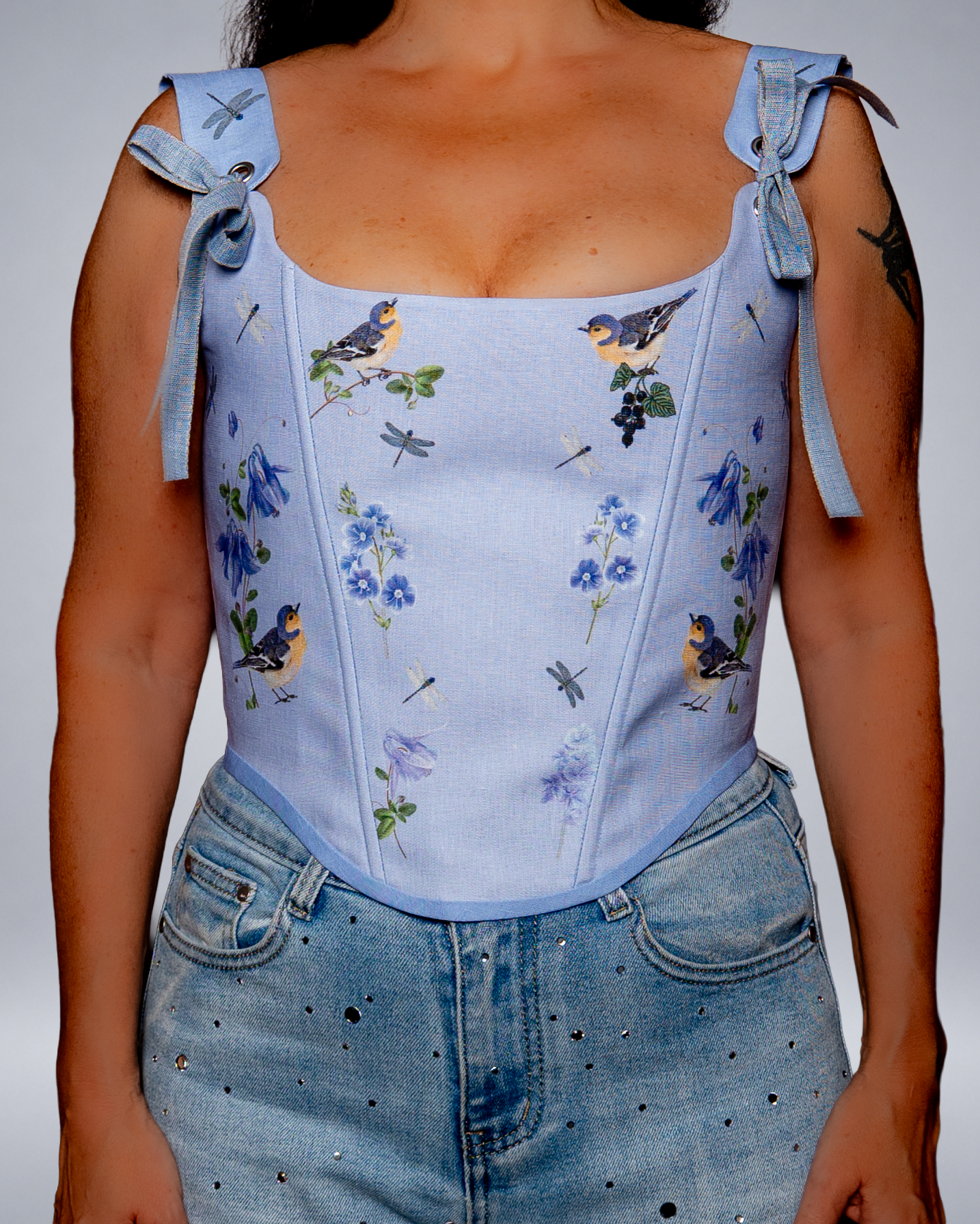 Light Blue Linen Bird Corset with Floral Print  Fairycore Bodice Italian Atelier Made