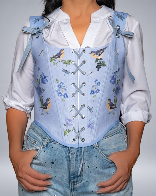 Light Blue Linen Bird Corset with Floral Print  Fairycore Bodice Italian Atelier Made