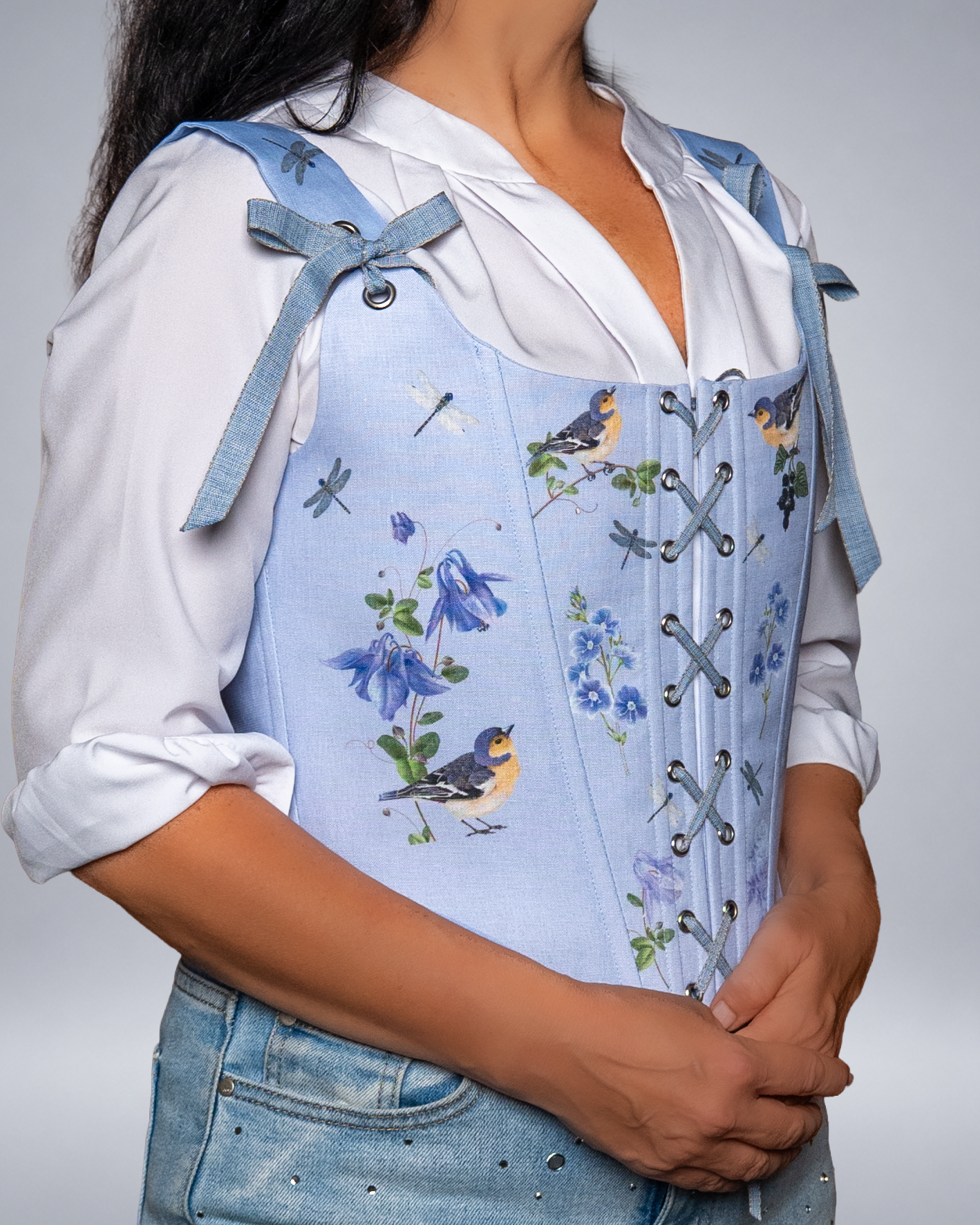 Light Blue Linen Bird Corset with Floral Print  Fairycore Bodice Italian Atelier Made