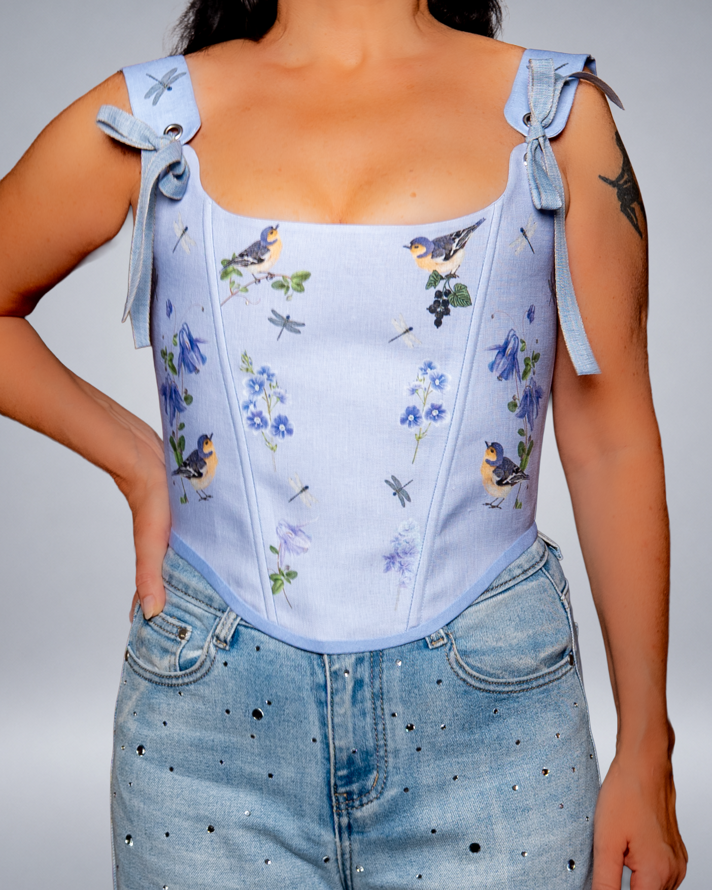 Light Blue Linen Bird Corset with Floral Print  Fairycore Bodice Italian Atelier Made