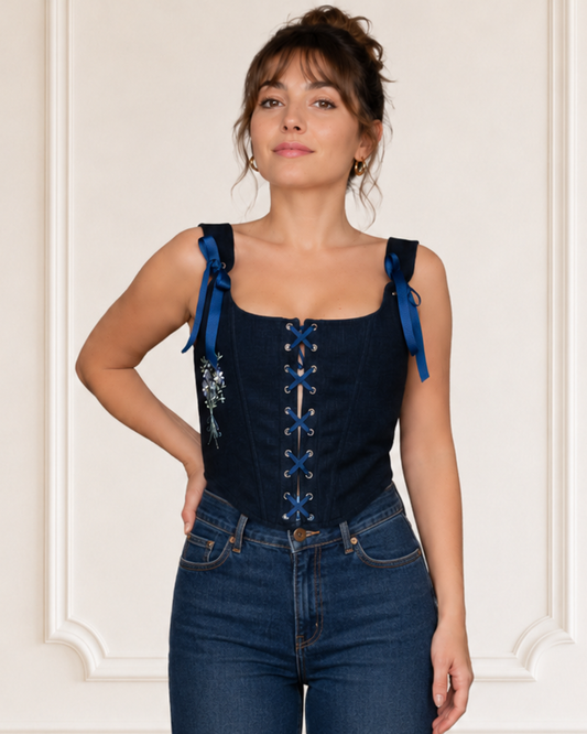 Midnight Navy Linen Corset Top with Floral Embroidery Romantic Cottagecore Corset