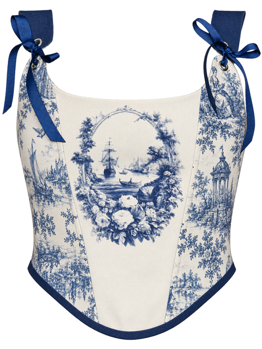 Blue Toile Cotton Corset Top | Vintage French Inspired Corset with Ribbon Bows
