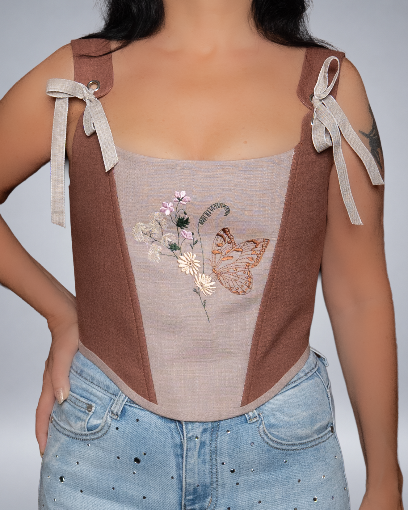 Brown and Beige Linen Corset Top with Embroidery