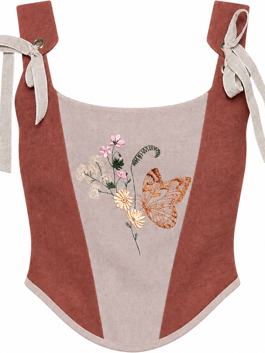 Brown and Beige Linen Corset Top with Embroidery