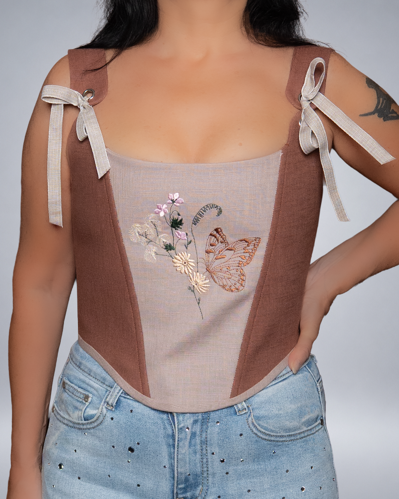 Brown and Beige Linen Corset Top with Embroidery