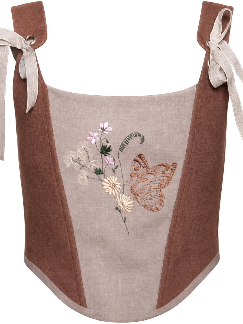 Brown and Beige Linen Corset Top with Embroidery