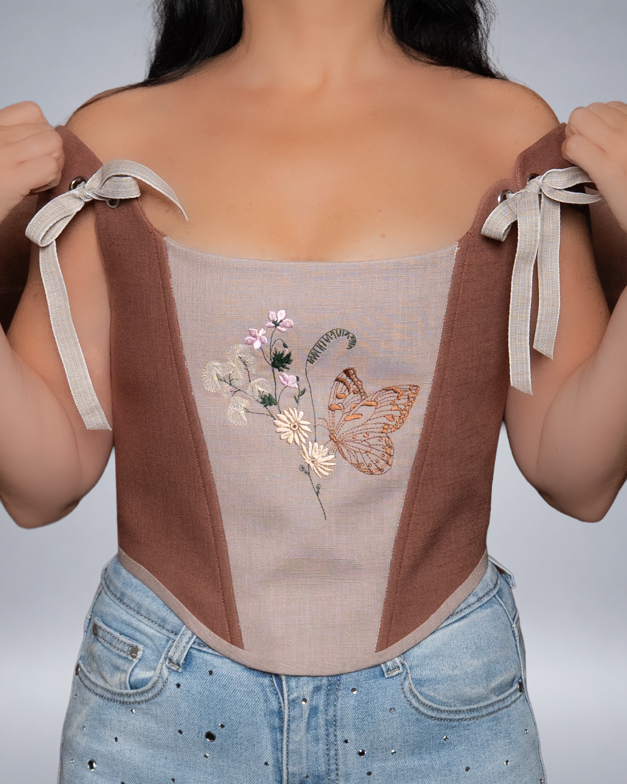 Brown and Beige Linen Corset Top with Embroidery