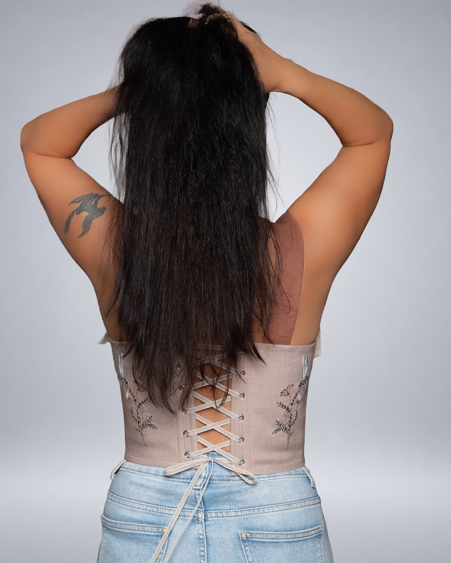 Brown and Beige Linen Corset Top with Embroidery
