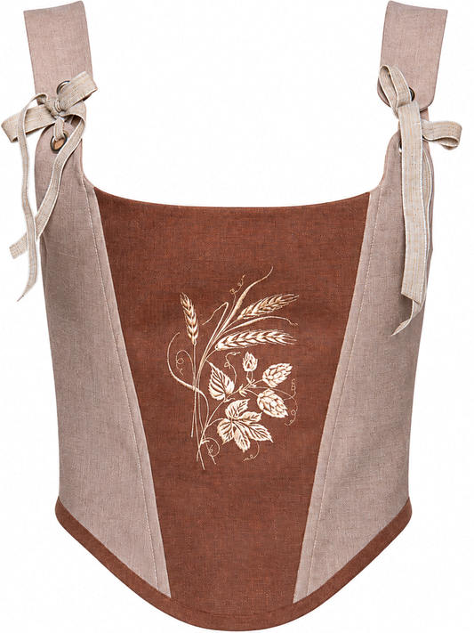 Brown Linen Corset Top with Floral Embroidery