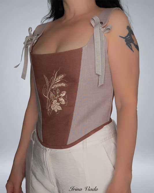 Brown Linen Corset Top with Floral Embroidery Romantic Cottagecore Corset