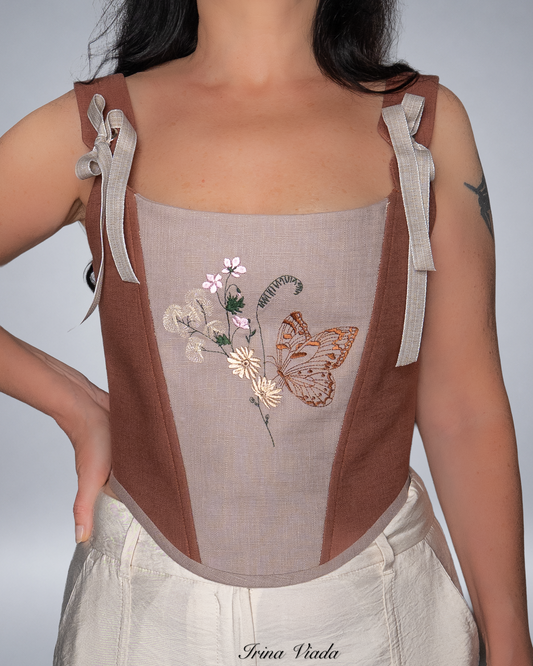 Brown and Beige Linen Corset Top with Butterfly Embroidery Romantic Cottagecore Corset