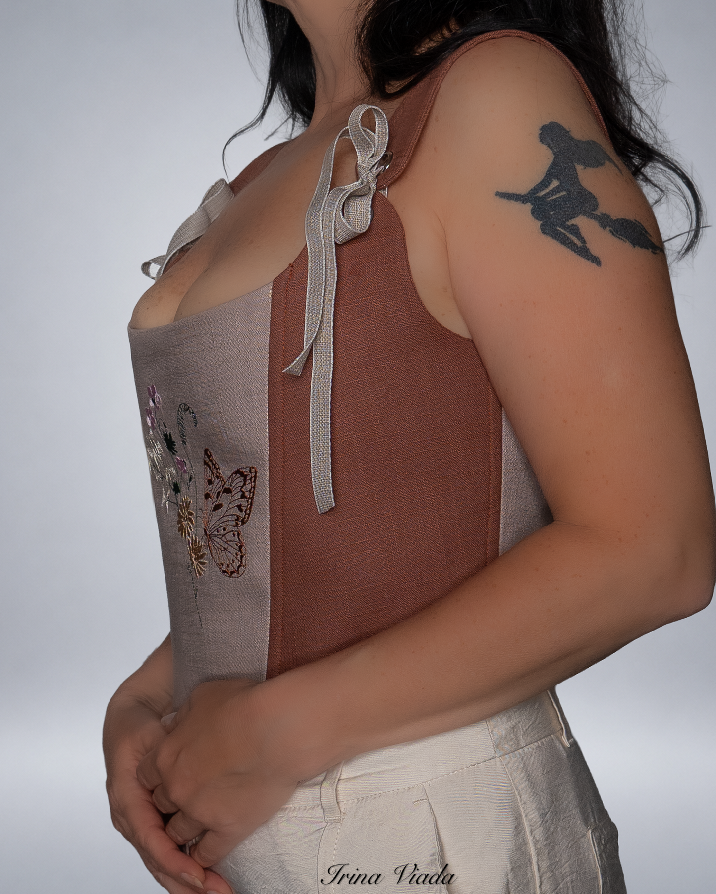 Brown and Beige Linen Corset Top with Butterfly Embroidery Romantic Cottagecore Corset