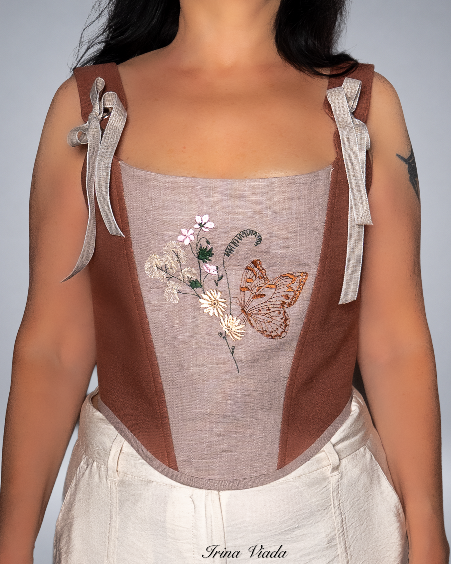 Brown and Beige Linen Corset Top with Butterfly Embroidery Romantic Cottagecore Corset
