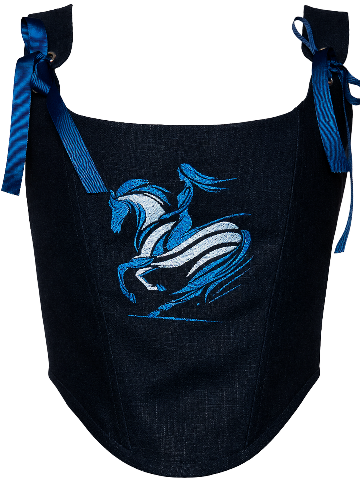 Navy Blue Embroidered Linen Corset