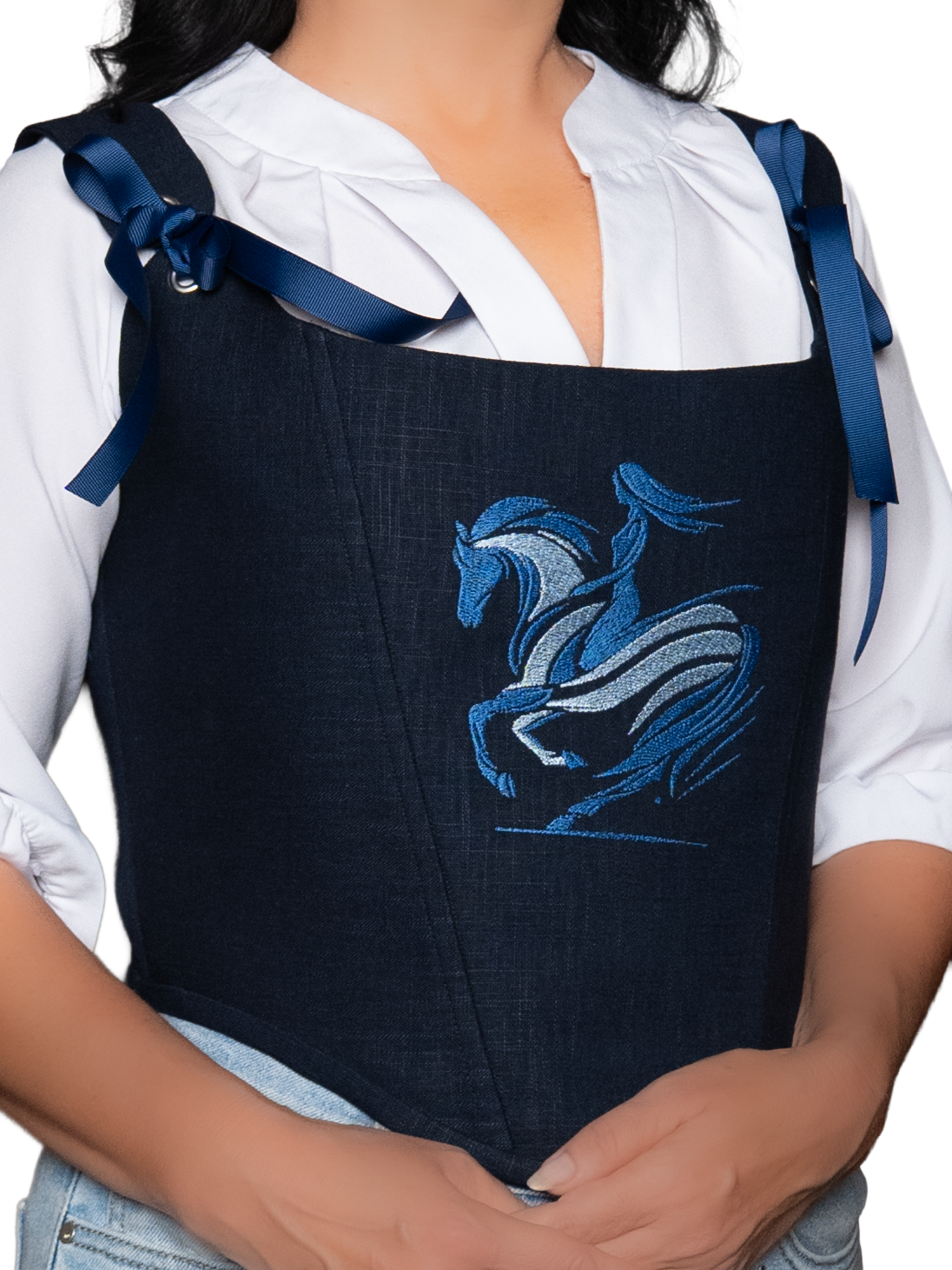 Navy Blue Embroidered Linen Corset