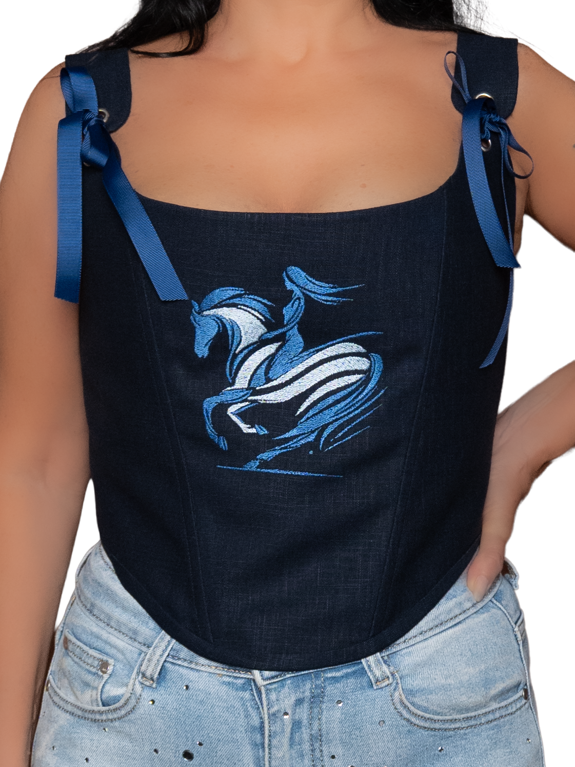 Navy Blue Embroidered Linen Corset