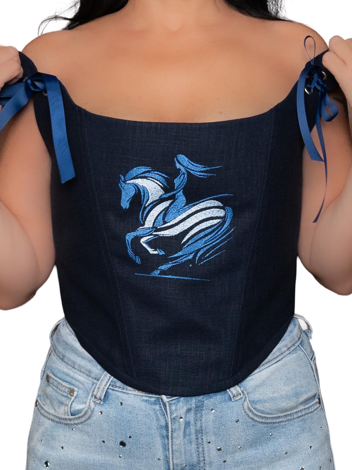 Navy Blue Embroidered Linen Corset