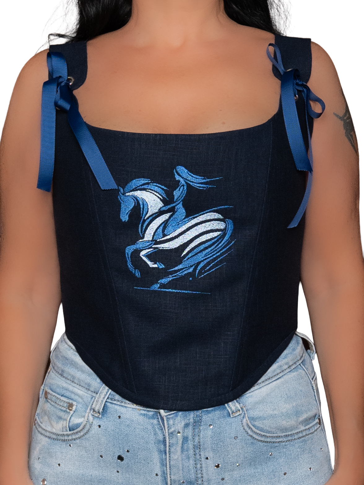 Navy Blue Embroidered Linen Corset