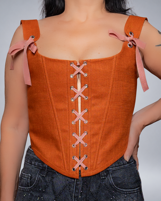 Rust Orange Linen Corset with Front Lace-Up Romantic Bodice Italian Atelier Made