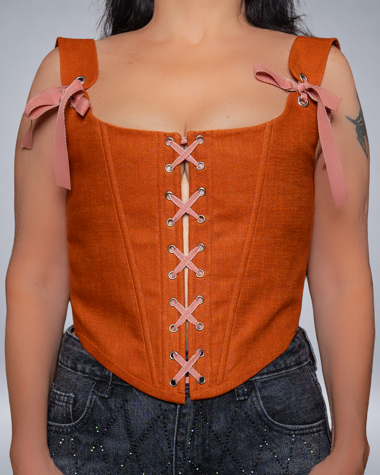 Rust Orange Linen Corset with Front Lace-Up Romantic Bodice Italian Atelier Made