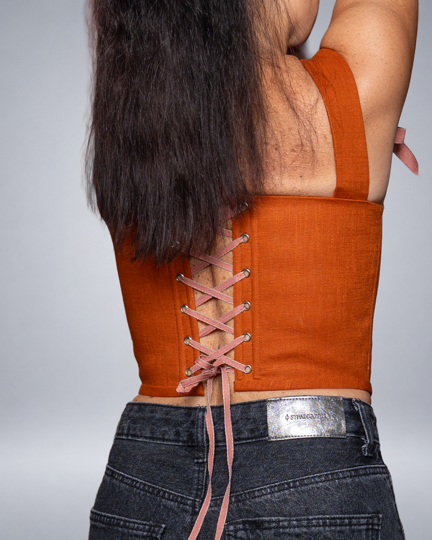 Rust Orange Linen Corset with Front Lace-Up Romantic Bodice Italian Atelier Made
