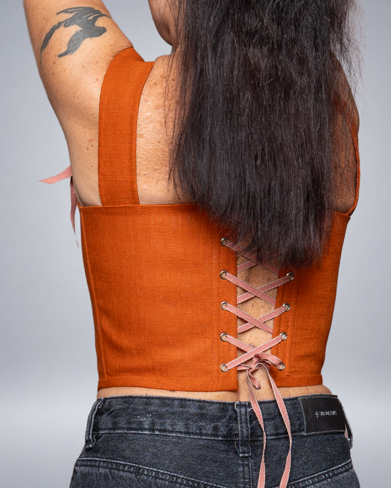 Rust Orange Linen Corset with Front Lace-Up Romantic Bodice Italian Atelier Made