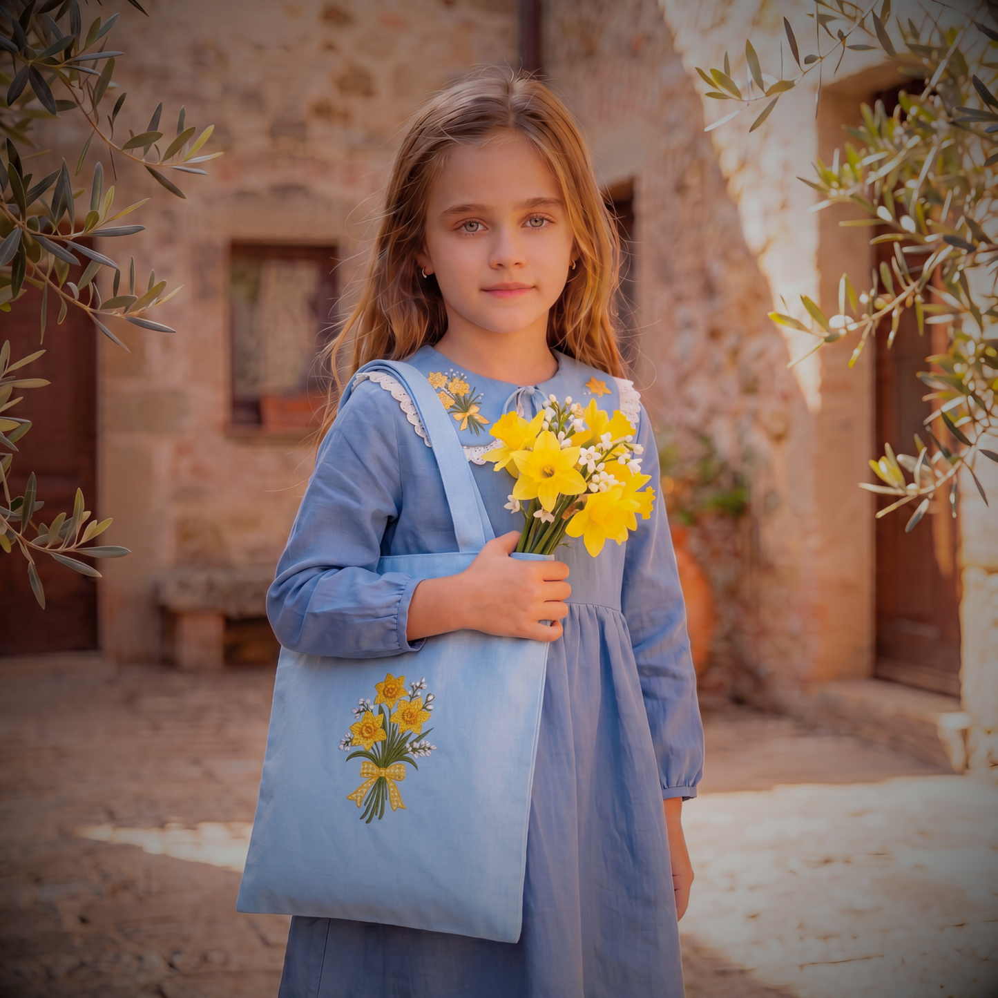 Komplettes Set für Mädchen aus Naturleinen – bestickter Kragen, Shopper und 2 Schleifen mit Sonnenblumen, handgefertigt in Italien