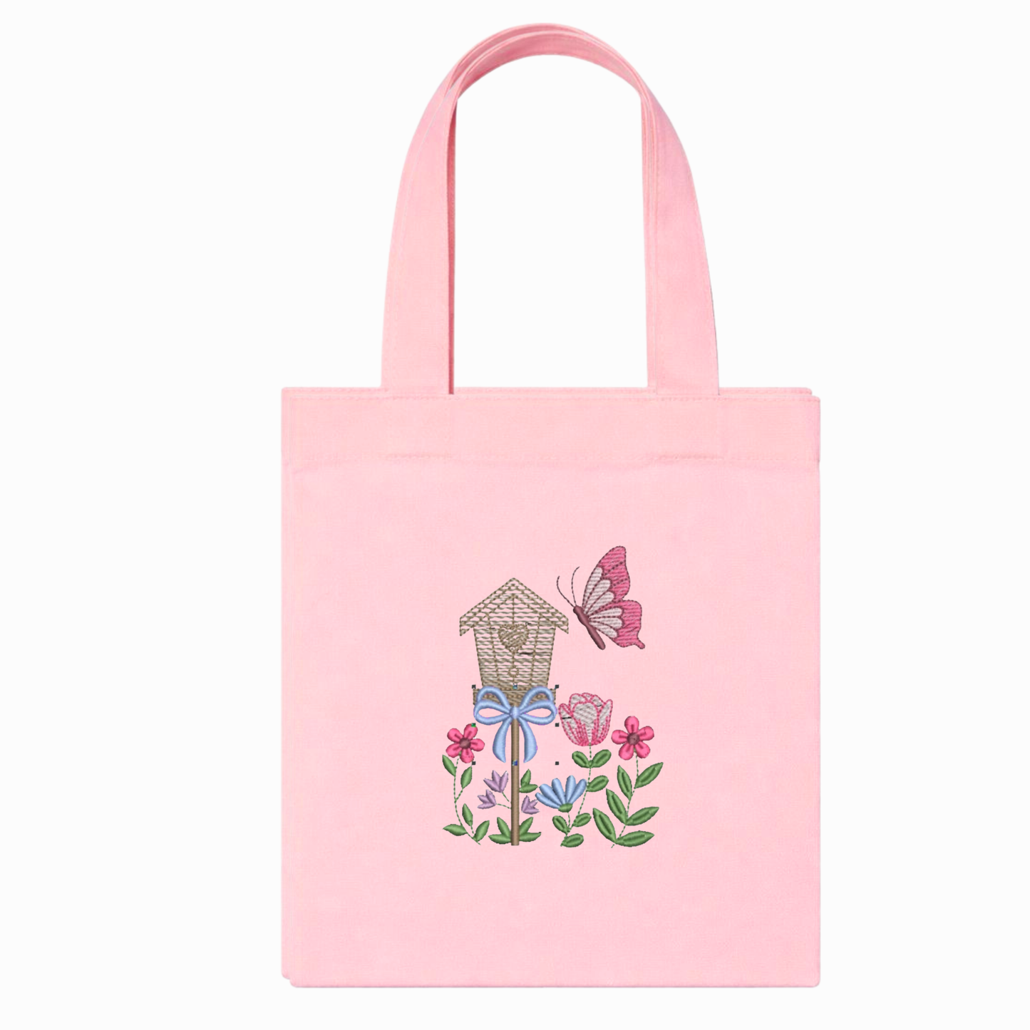 Borsa Shopper Rosa in Canvas con Ricamo Floreale e Farfalla Fatto a Mano in Italia