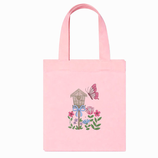 Pink Canvas Shopper Bag with Floral and Butterfly Embroidery Handmade in Italy
