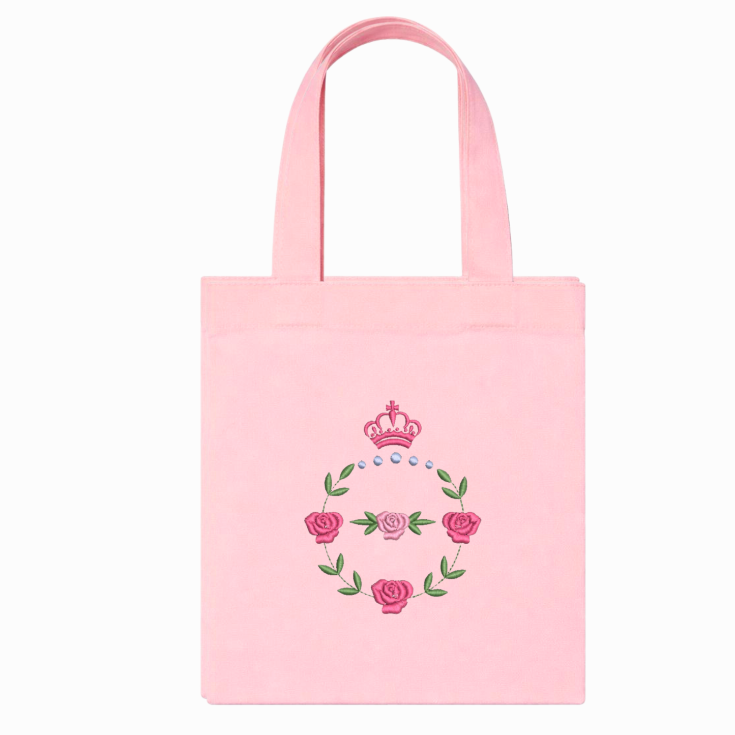 Shopper in canvas rosa con ricamo rose e corona – borsa artigianale VIADALINNO