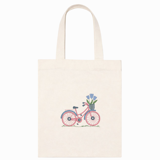 Canvas Shopper Bag with Embroidered Bicycle and Tulips Handmade in Italy