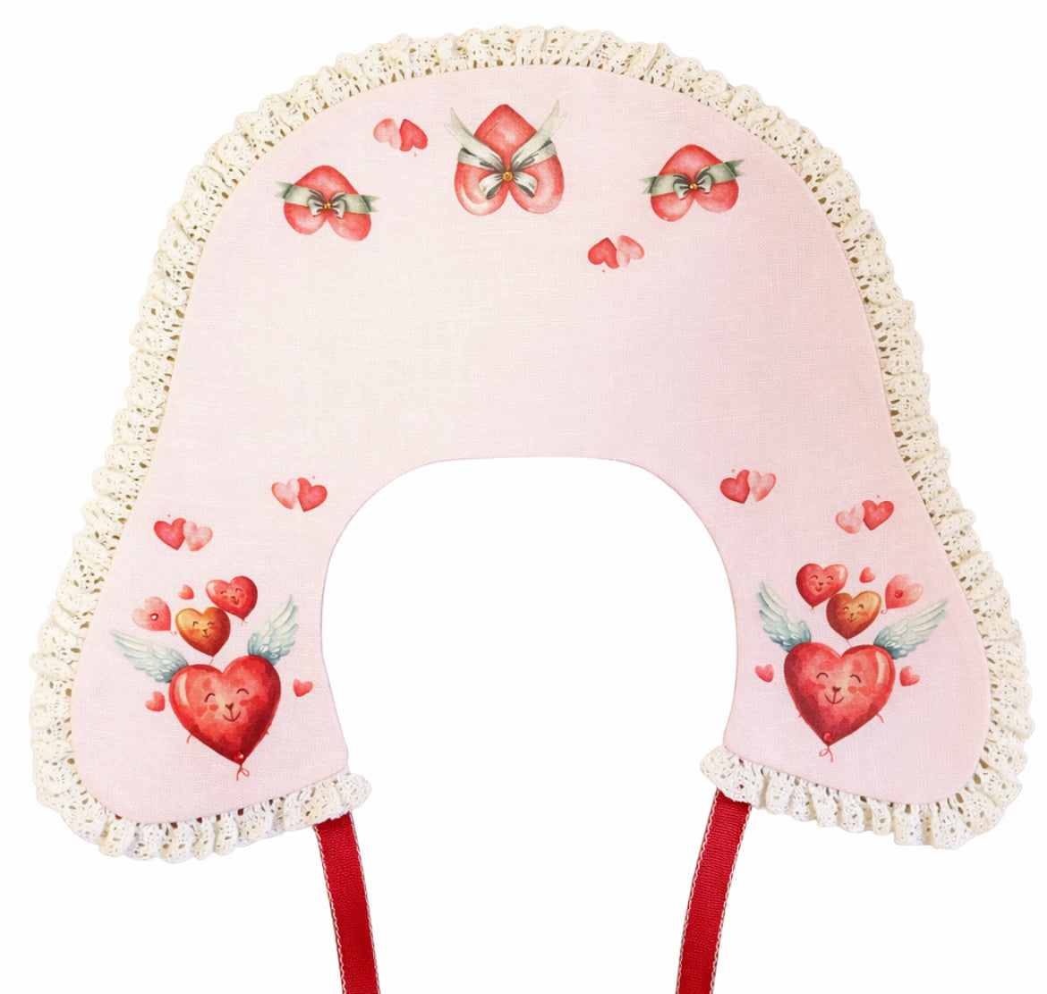 Colletto decorativo in lino beige con pizzo e cuori romantici San Valentino