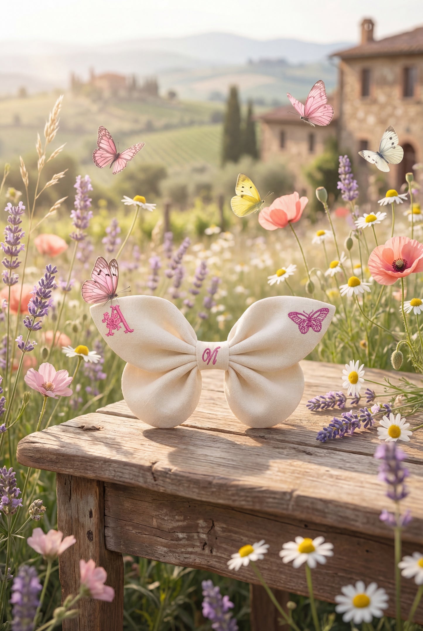 Linen bow with butterfly embroidery and monogram A, B, C ... Z. Spring 