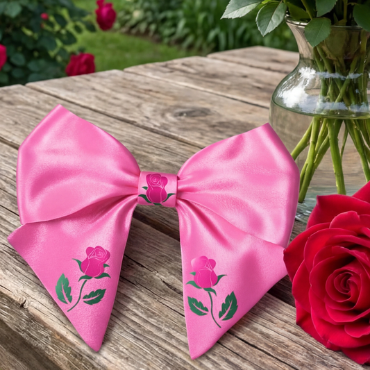 Artificial silk bow with roses. Flowers 