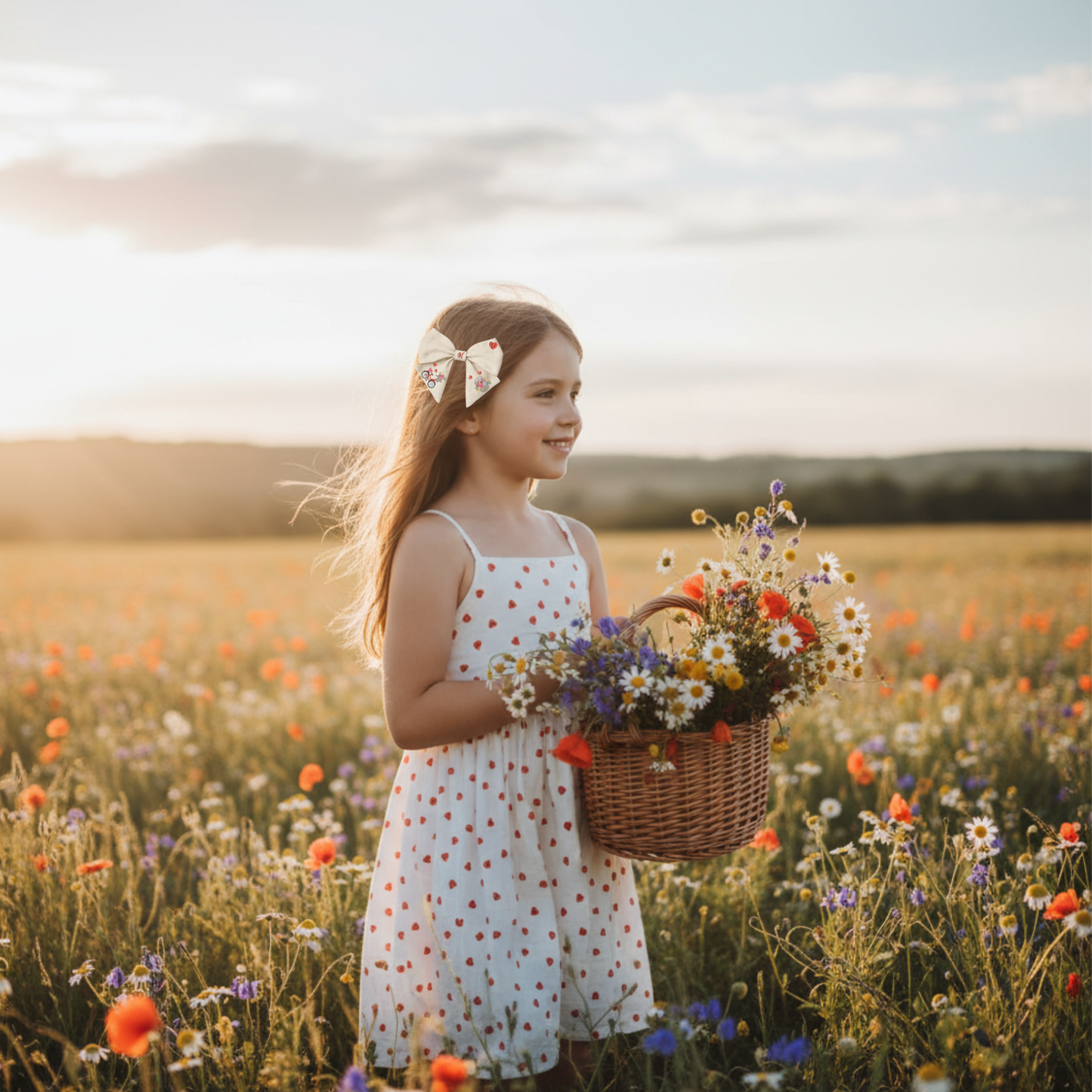 Fiocco in lino con ricamo “Bicicletta e fiori”. Collezione San Valentino