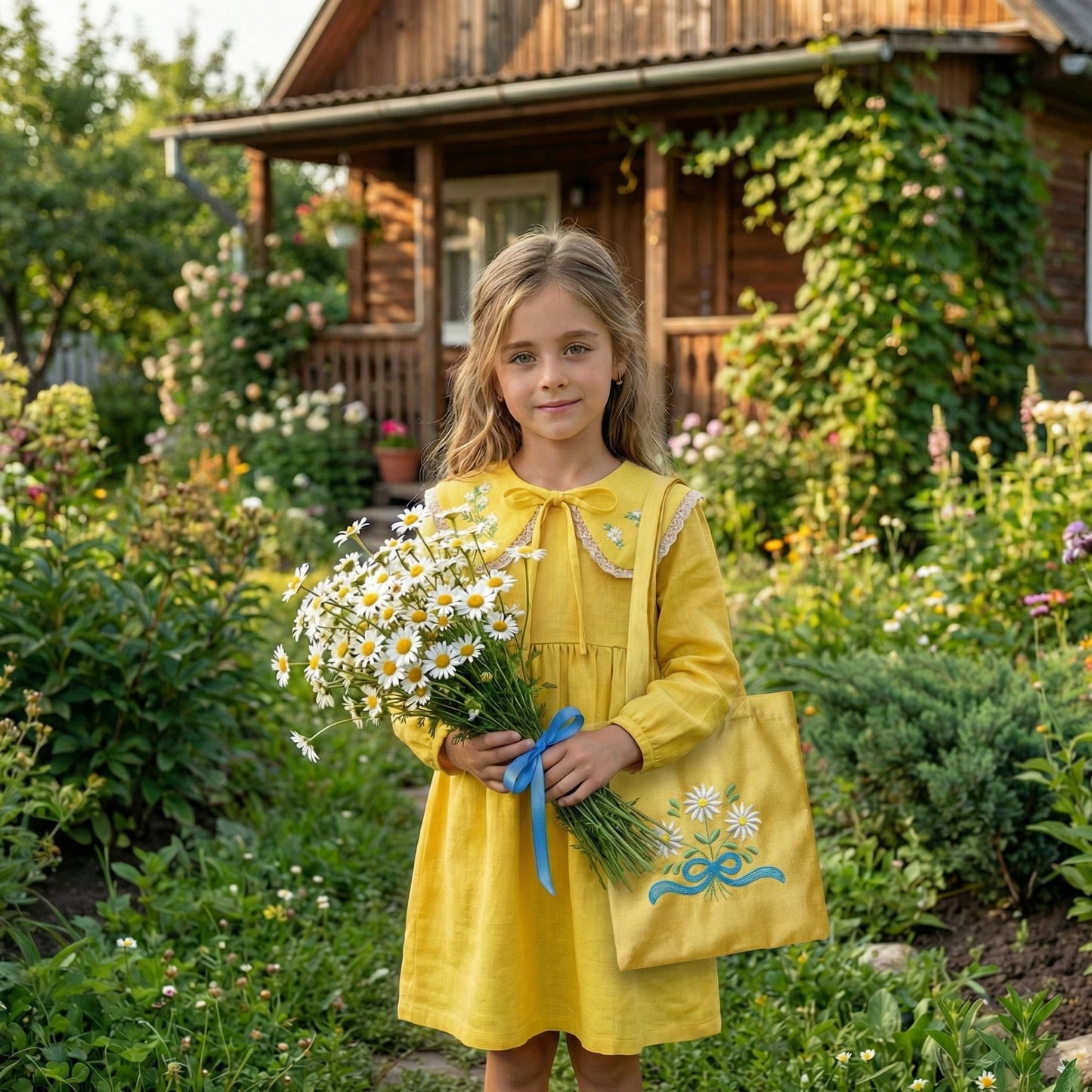 Yellow linen collar with floral embroidery – handmade in Italy